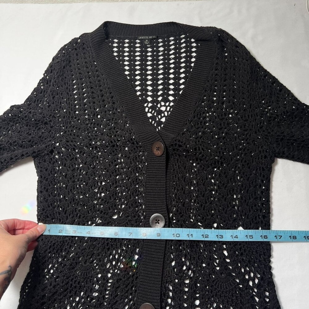 Lafayette 148 Open-Knit Cotton-Blend Duster Cardigan Black Longline Sweater Med - Picture 4 of 9